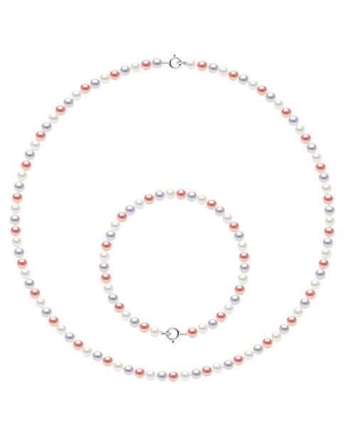 Parure Collier + Bracelet Or Blanc & Perles d'Eau Douce Rondes multicolores