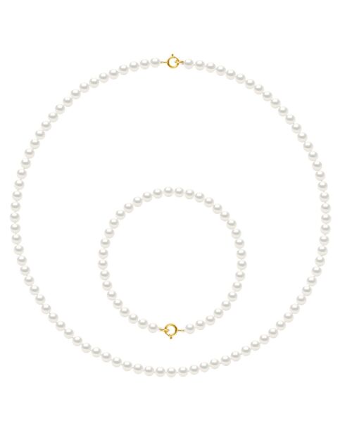 Parure Collier + Bracelet Or Jaune & Perles d'Eau Douce Rondes blanc naturel