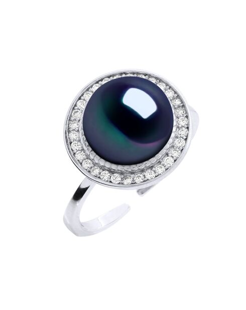 Bague Ajustable Argent Rhodié & Perle de Culture d'Eau Douce Bouton noire