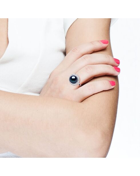 Bague Ajustable Argent Rhodié & Perle de Culture d'Eau Douce Bouton noire