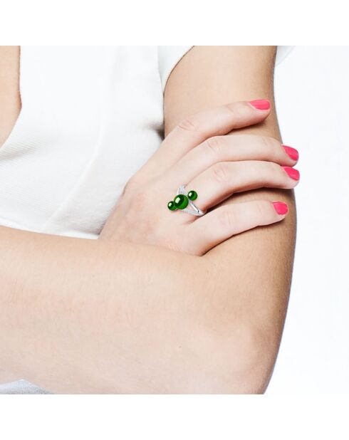 Bague Trilogy Argent Rhodié & 3 Perles de Culture d'Eau Douce Boutons vertes