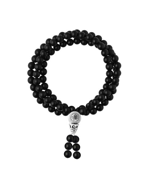Tibetisches dreireihiges Armband aus Rhodiumsilber und schwarzem Achat