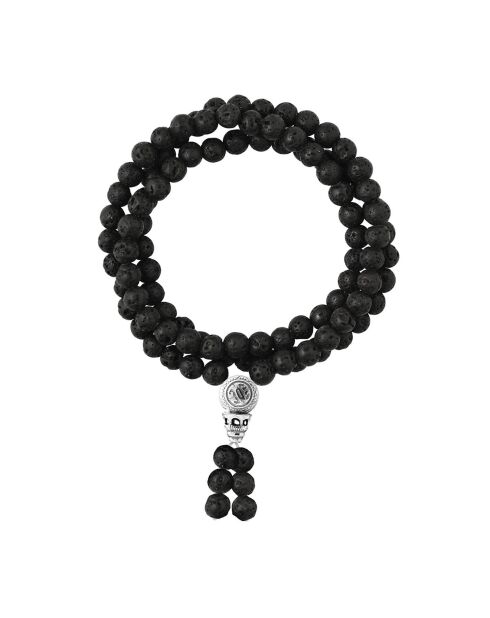Tibetisches dreistufiges Armband aus Rhodiumsilber und Lavastein