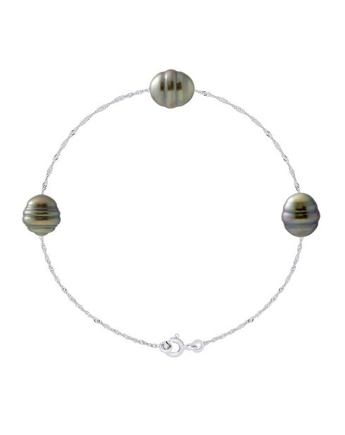 Bracelet Trilogy Or Blanc & 3 Véritables Perles de Culture de Tahiti cerclées