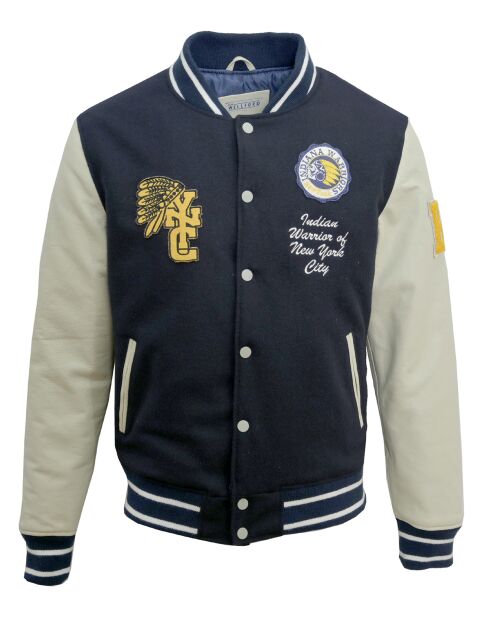 Veste Teddy en Laine & Cuir Martin marine/écru