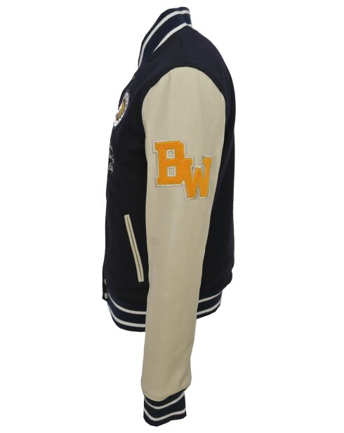 Veste Teddy en Laine & Cuir Martin marine/écru