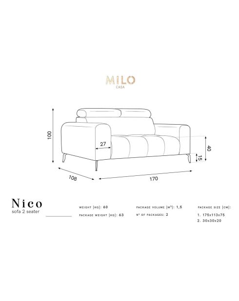 Canapé Velours Nico 2 Places vert - 170x108x100 cm