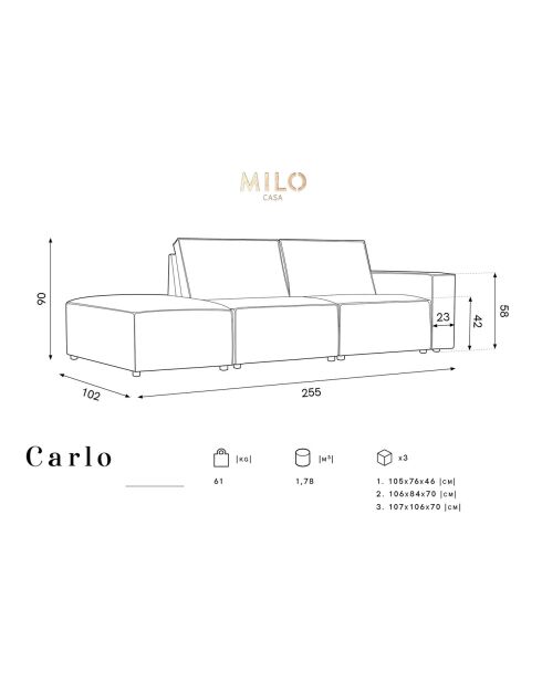 Canapé Modulable Gauche velours côtelé Carlo 3 Places bleu foncé - 255x102x90 cm