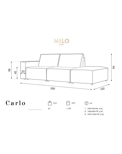 Canapé Modulable Droit velours côtelé Carlo 3 Places bleu foncé - 255x102x90 cm