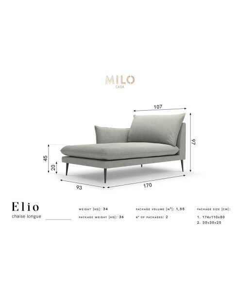 Méridienne Gauche tissu Elio gris foncé - 170x107x97 cm
