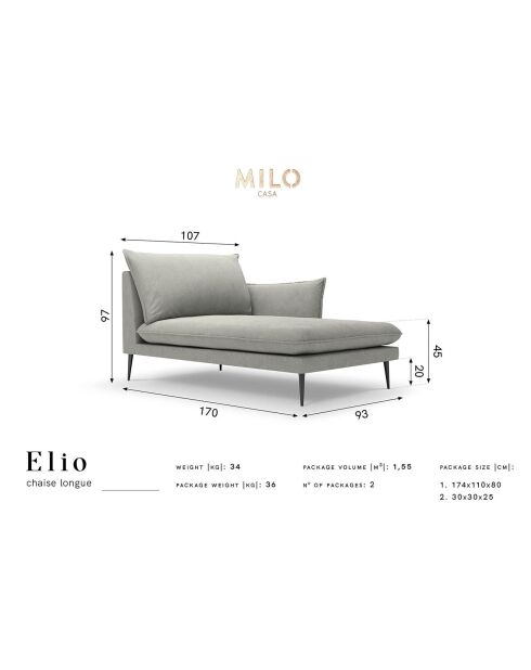 Méridienne Droite tissu Elio gris foncé - 170x107x97 cm