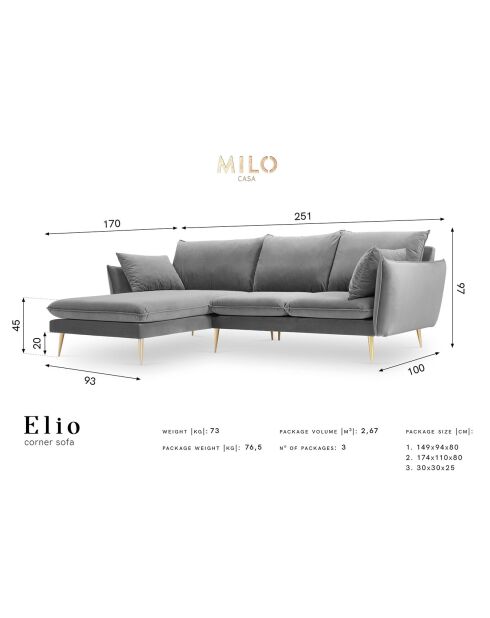 Elio Velvet Linkerhoekbank 5-zits rood - 251x170x97 cm