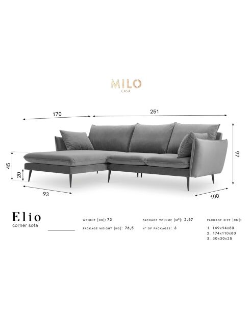 Elio Velvet Ecksofa, links, 5-Sitzer, flaschengrün — 251 x 170 x 97 cm