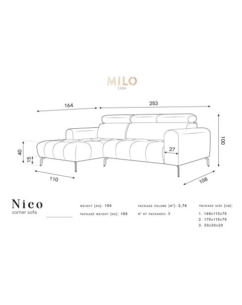 Elio Velvet Linkerhoekbank 5-zits rood - 251x170x97 cm