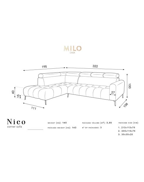 Canapé D'Angle Gauche Velours Nico 5 Places rouge - 322x195x100 cm