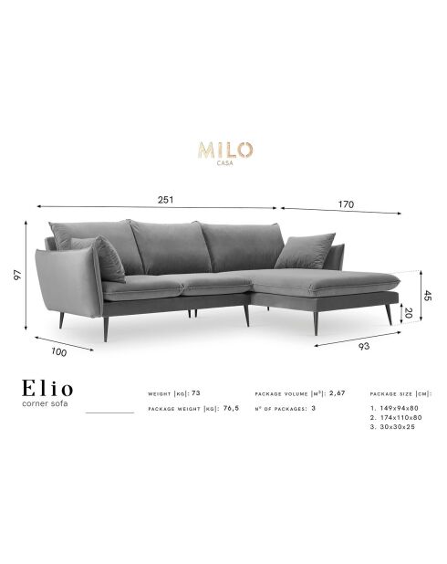 Elio 5-Sitzer-Ecksofa aus Samt, rechts, flaschengrün — 251 x 170 x 97 cm