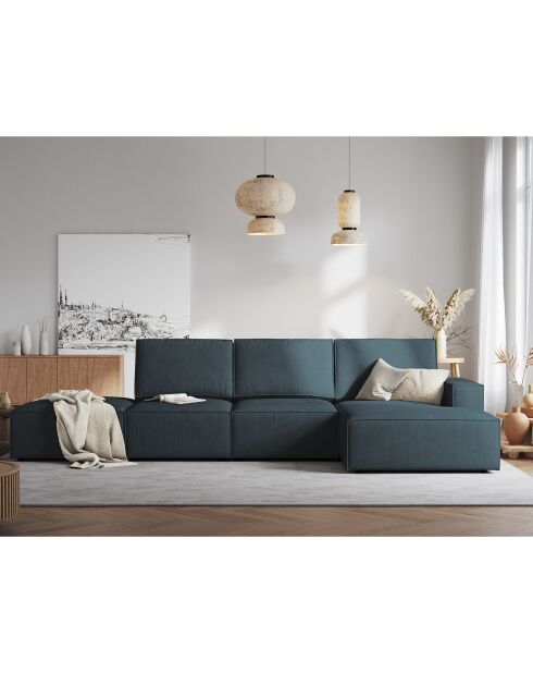 Canapé D'Angle Droit velours côtelé Carlo 5 Places bleu foncé - 341x166x90 cm