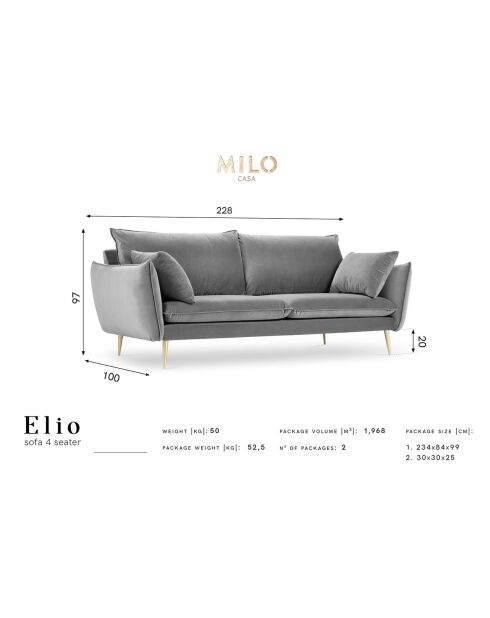 Canapé Velours Elio 4 Places rouge - 228x100x97 cm