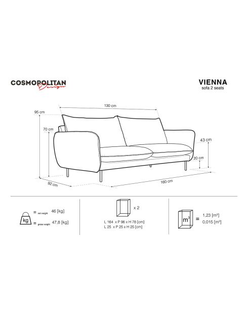 Canapé tissu 2 places Vienna beige clair - 160x92x95 cm