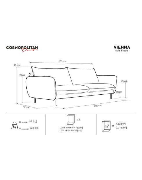 Canapé tissu 3 places Vienna beige clair - 200x92x95 cm