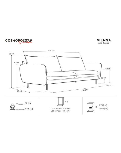 Canapé tissu 4 places Vienna beige clair - 230x92x95 cm