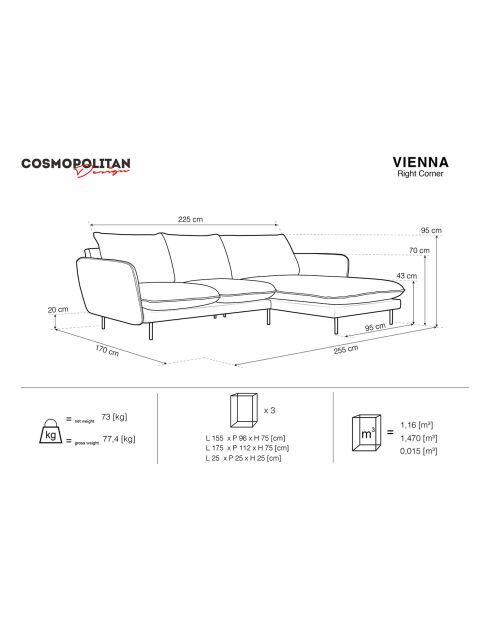 Canapé d'angle droit tissu 5 places Vienna beige clair - 255x170x95 cm