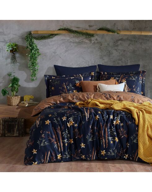 Parure housse de couette 100% Satin de Coton Bambou Flower bleu/marron/jaune
