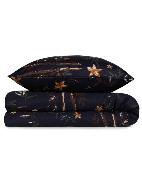 Parure housse de couette 100% Satin de Coton Bambou Flower bleu/marron/jaune