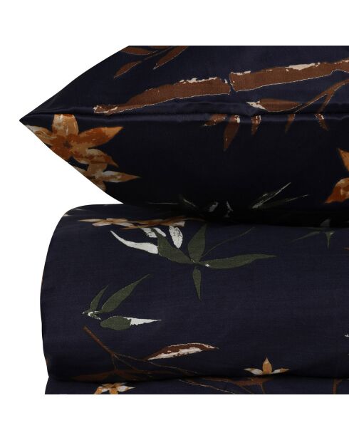 Parure housse de couette 100% Satin de Coton Bambou Flower bleu/marron/jaune