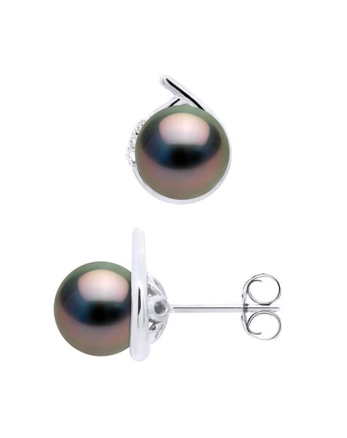 Ohrringe aus Weißgold, 0,06 ct Diamanten und runde schwarze Tahiti-Zuchtperlen