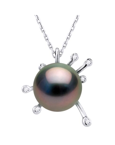 Witgouden satellietketting, 0.07ct diamanten en zwarte ronde Tahitiaanse gekweekte parel