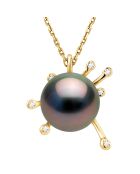 Satelliten-Halskette aus Gelbgold, 0,07 Karat Diamant und schwarze Tahiti-Zuchtperle
