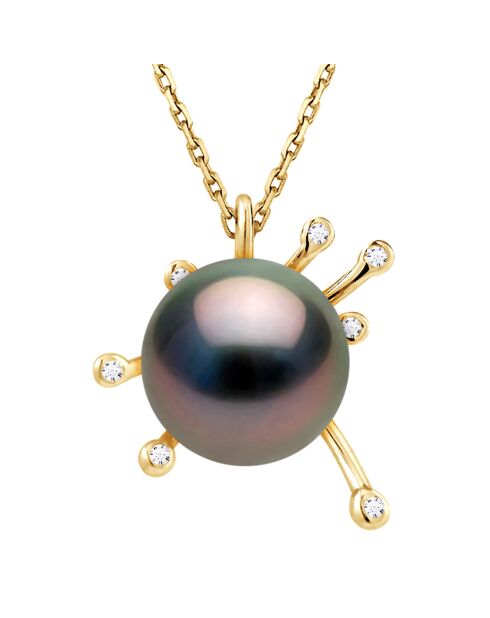 Satelliten-Halskette aus Gelbgold, 0,07 Karat Diamant und schwarze Tahiti-Zuchtperle