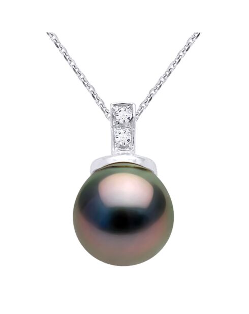 Witgouden halsketting, 0.02 ct diamanten en zwarte ronde Tahitiaanse gekweekte parel