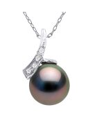 Halskette aus Weißgold, 0,04 ct Diamanten und schwarze runde Tahiti-Zuchtperle