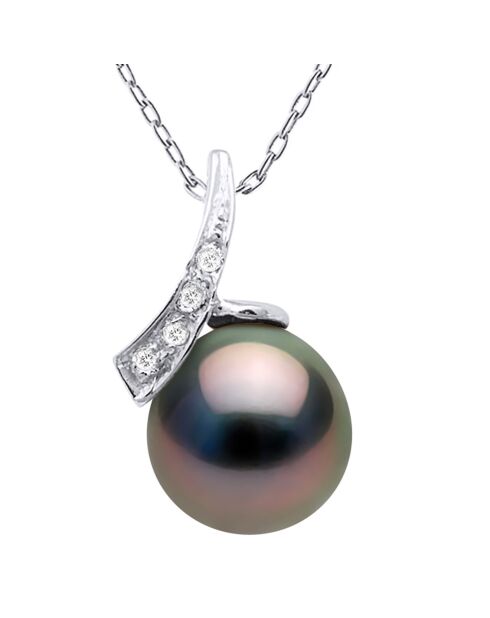 Halskette aus Weißgold, 0,04 ct Diamanten und schwarze runde Tahiti-Zuchtperle
