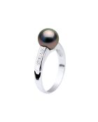 Ring aus Weißgold, 0,06 ct Diamanten und schwarze runde Tahiti-Zuchtperlen