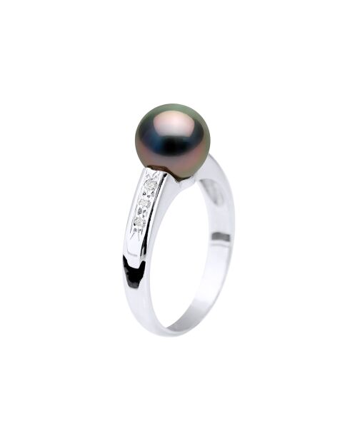 Ring aus Weißgold, 0,06 ct Diamanten und schwarze runde Tahiti-Zuchtperlen
