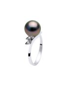 Ring aus Weißgold, 0,04 ct Diamanten und schwarze runde Tahiti-Zuchtperlen