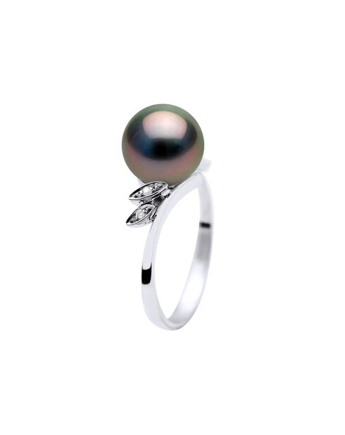 Ring aus Weißgold, 0,04 ct Diamanten und schwarze runde Tahiti-Zuchtperlen