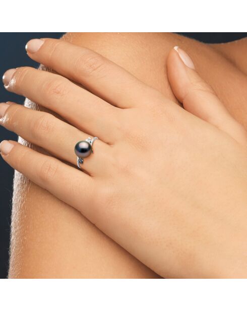 Ring aus Weißgold, 0,04 ct Diamanten und schwarze runde Tahiti-Zuchtperlen