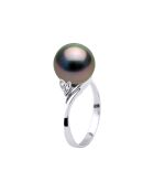 Witgouden ring, 0.04 ct diamanten en zwarte ronde Tahitiaanse gekweekte parels