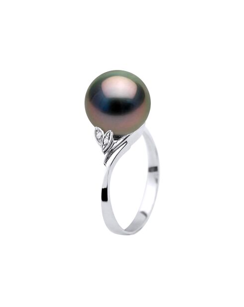 Witgouden ring, 0.04 ct diamanten en zwarte ronde Tahitiaanse gekweekte parels