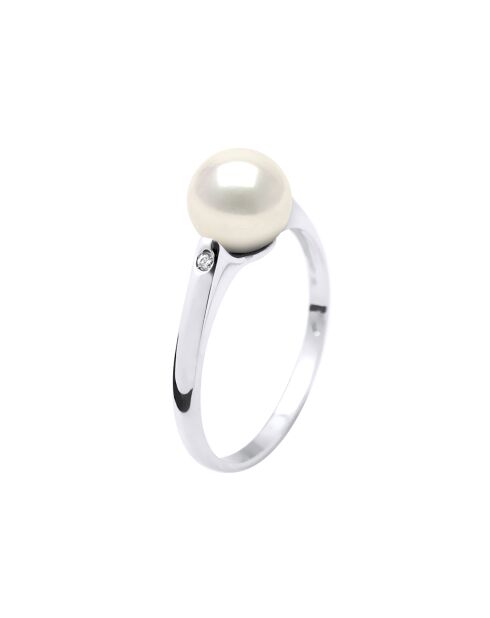 Solitärring aus Weißgold, 0,02 ct Diamanten und Perlmutt, runde weiße Süßwasser-Zuchtperle