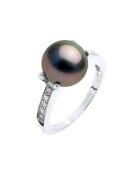 Brazalete de oro blanco, diamantes de 0,10 quilates y perla negra redonda cultivada de Tahití