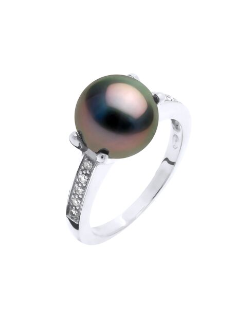 Brazalete de oro blanco, diamantes de 0,10 quilates y perla negra redonda cultivada de Tahití