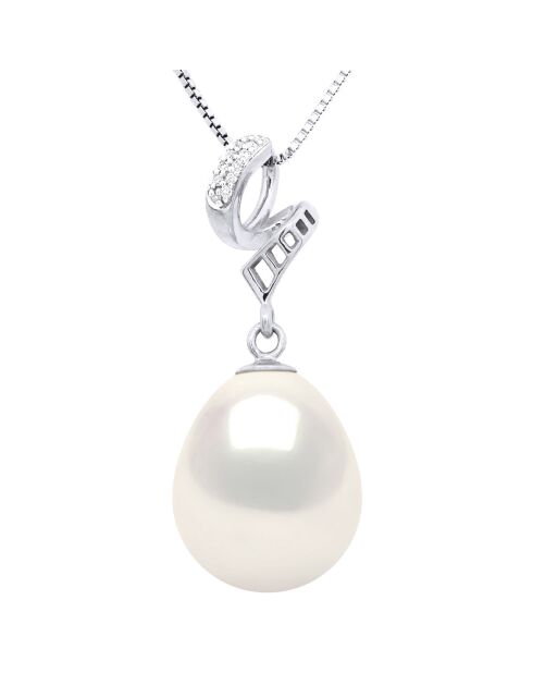 Pendentif en Or Blanc, Diamant 0.03 ct & Perle de Culture d'Eau Douce poire blanc nacre