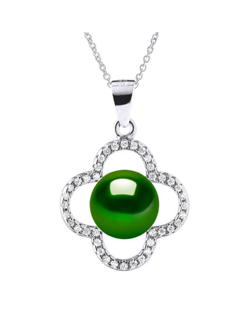 Collier en Argent Rhodié & Perle de Culture d'Eau Douce boutons vert malachite