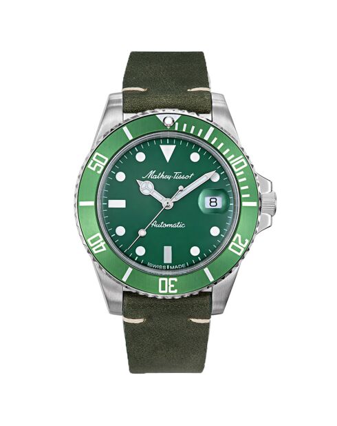 Montre Homme Automatique en Cuir Mathy Vintage verte