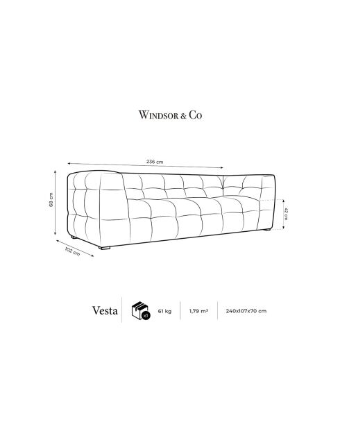 Canapé Velours Vesta 3 Places gris foncé - 236x102x68 cm